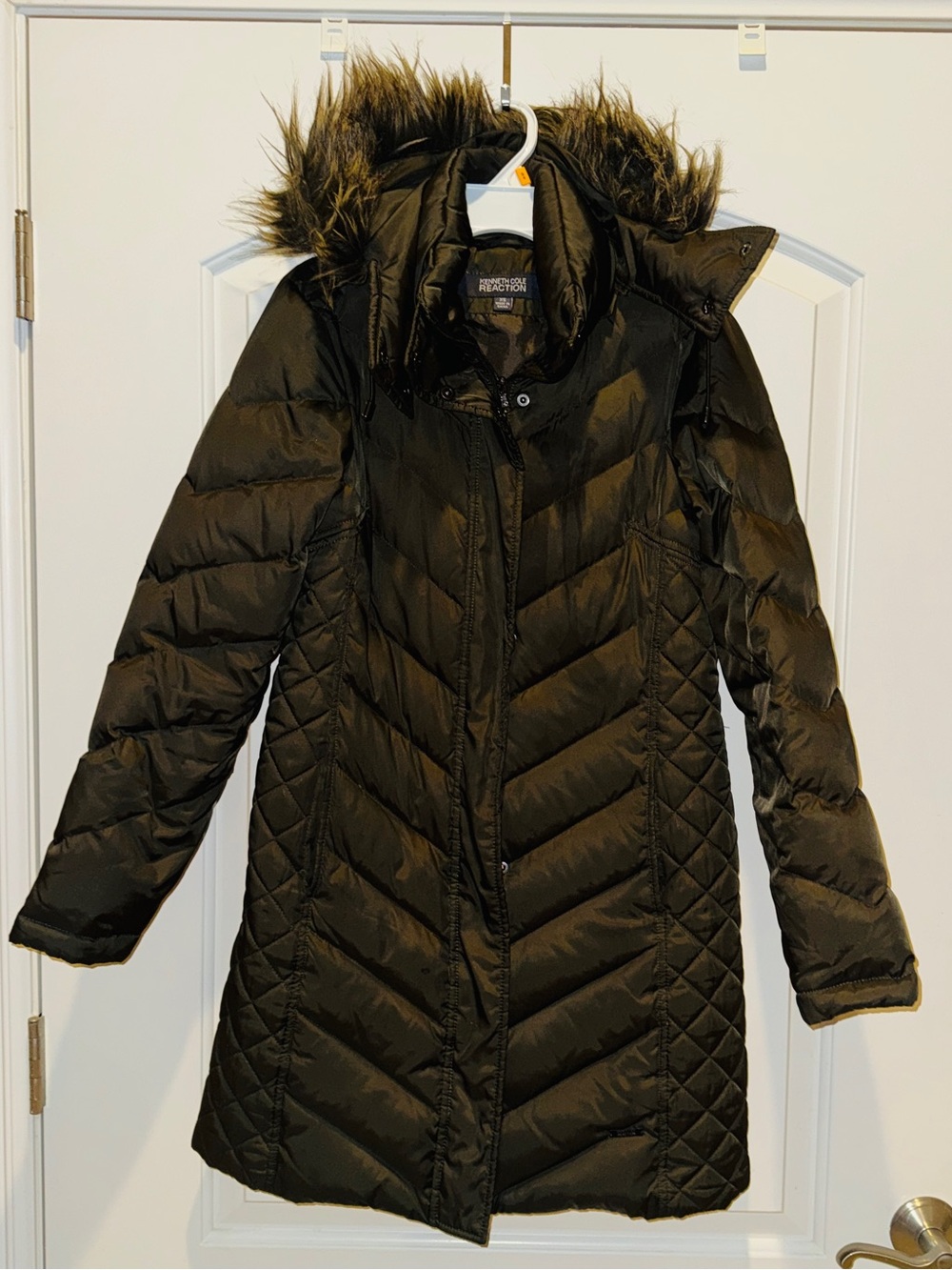 Kenneth Cole Reaction Women green removable Hood Puffer Coat Faux Fur Lined XS